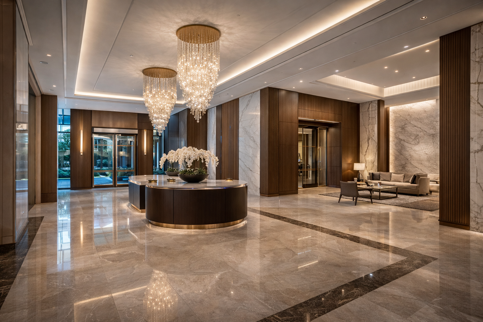 Spacious living room with skyline balcony